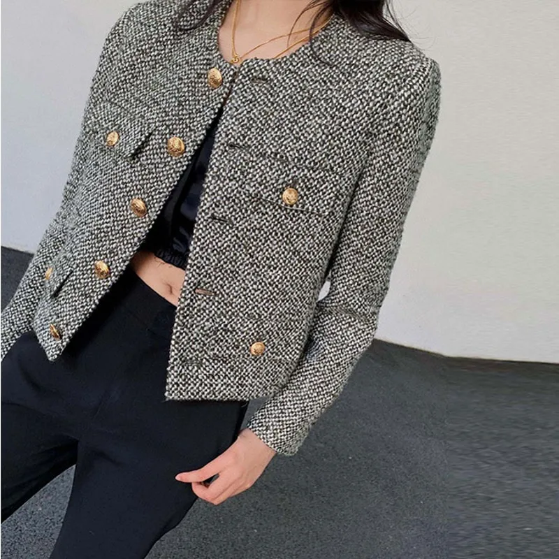 2021 New Autumn Winter Women's Single Breasted Brand Luxury Chic Tweed Woolen Coat Retro Suit Jacket Top Outwear Cropped Jacket