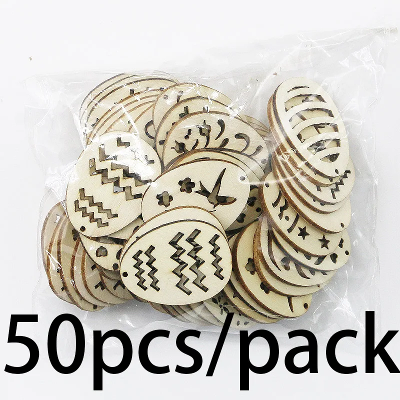 (50pcs/pack) 37*28mm Handmade Easter Wooden Egg Hollow Pendant Ornament Wall Sticker Holiday Romantic And Artistic Celebration