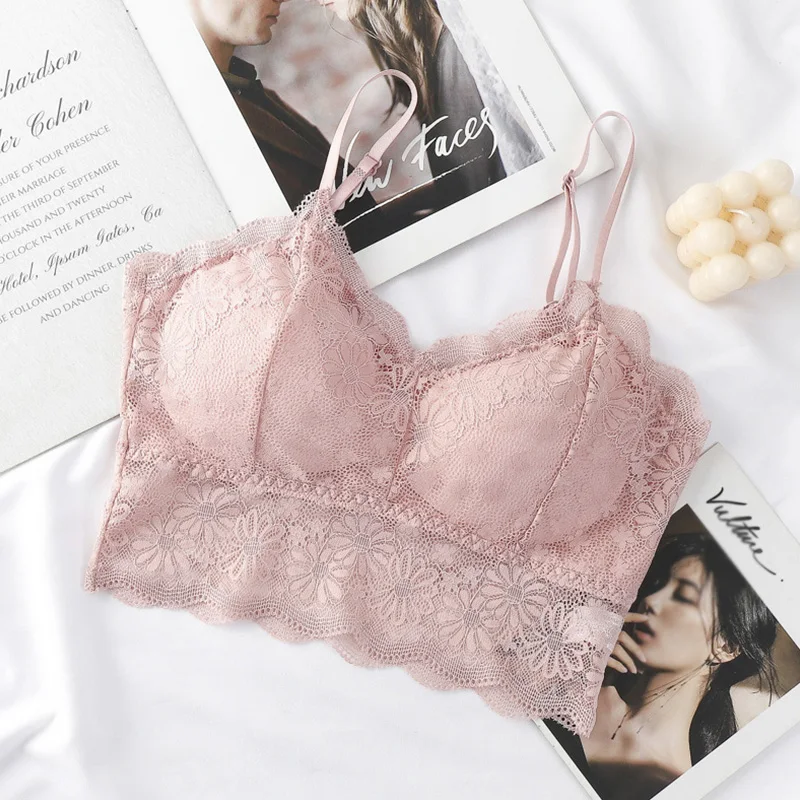 2021 Female Summer Crop Tank Top Women Fashion Deep V Lace Bras Embroidery Floral Tank Top Bra Wrapped Chest Camisole Padded Bra