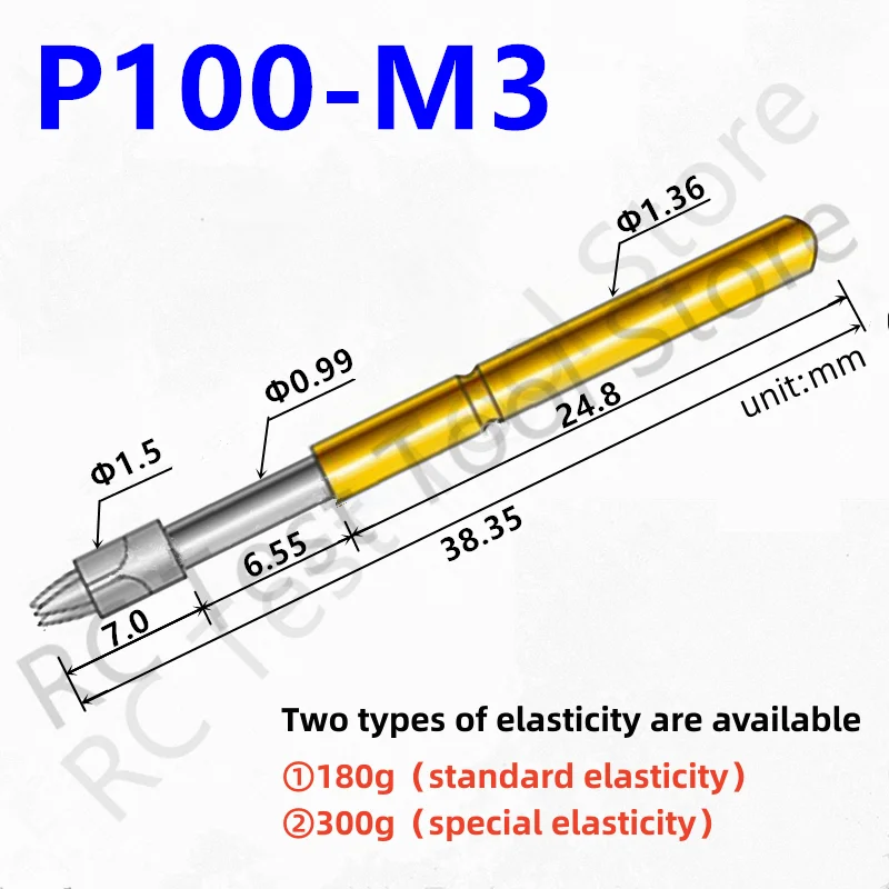 

20/100PCS P100-M3 Spring Test Probe Test Pin Test Tool 38.35mm Dia 1.36mm Needle Head Dia 1.5mm Pogo Pin 180g or 300g elasticity