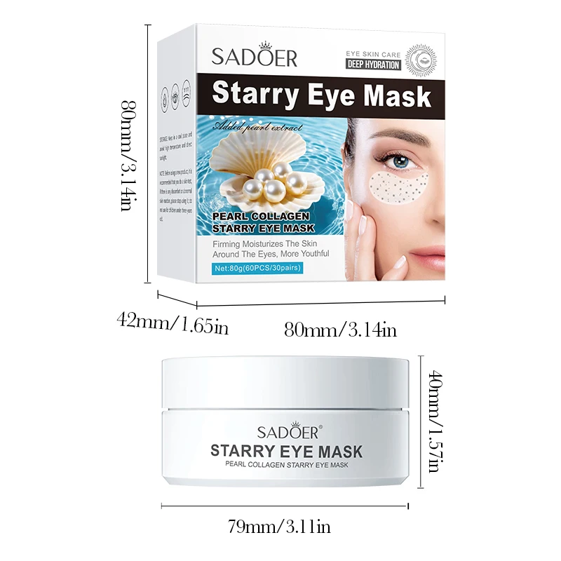 60pcs SADOER Pearl Crystal Collagen Eye Mask Anti Dark Circles Under The Eyes Moisturizing Anti-Wrinkles Anti-Aging Eye Patches