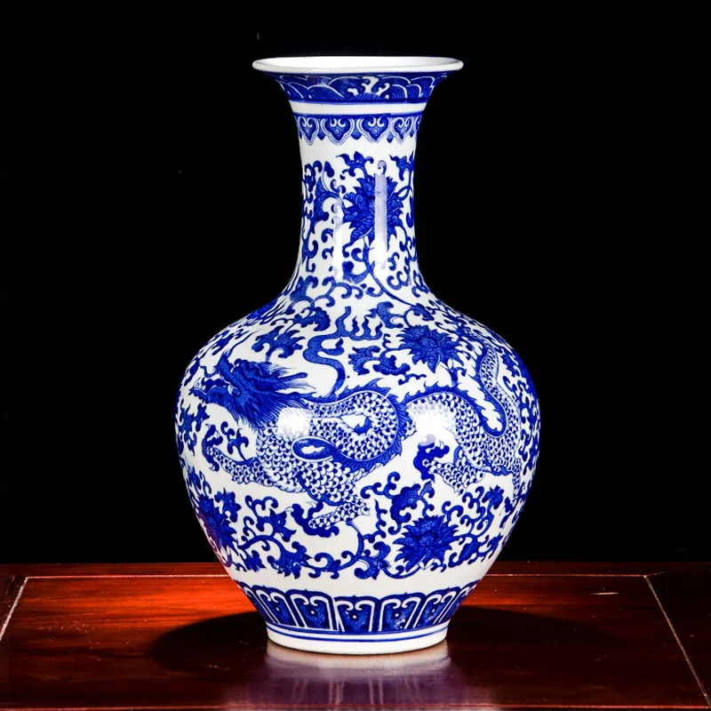 Vintage Ceramic Chinese Blue And White Dragon Vase Porcelain Ornaments
