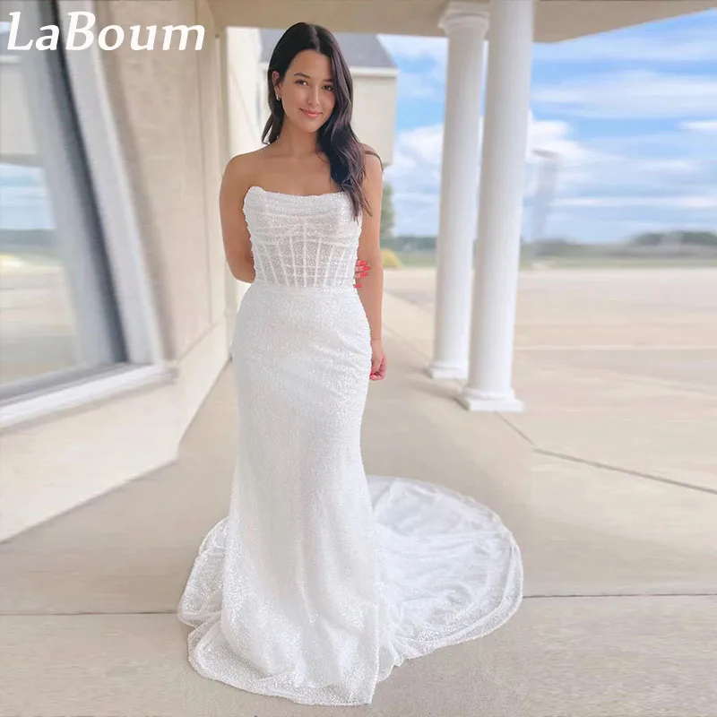 

LaBoum Sparkly Sequined Wedding Dresses For Women 2023 Strapless Mermaid Bridal Gowns Sweep Train Robe De Mariée Court Train