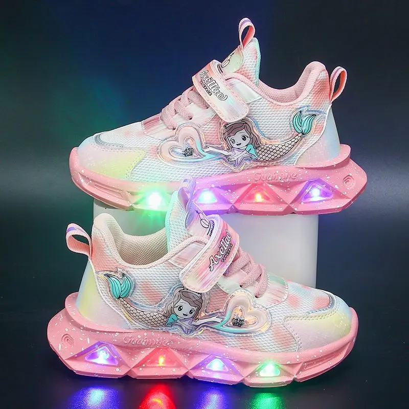 Children\'s Sports Shoes with Lights Cute Cartoon Mermaid Girls Sneakers Led Luminous Light Running Shoes Leather Toddler Shoes