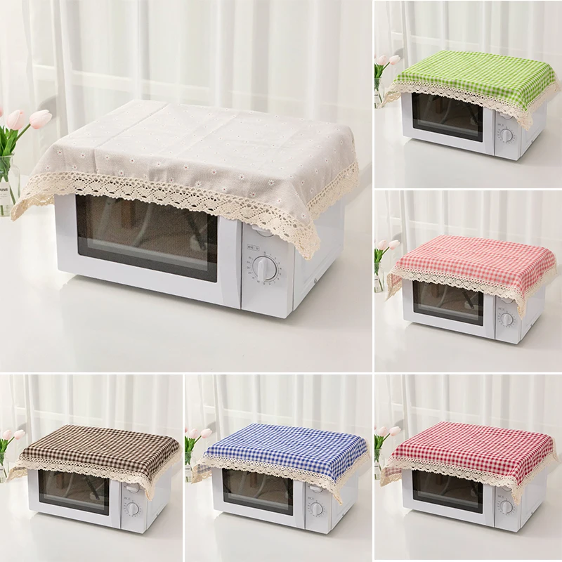 Cotton Linen Dust Covers Plaid Printed Microwave Oven Covers Simple Tablecloth Household Dust Protector Cabinet Cloth Protectors