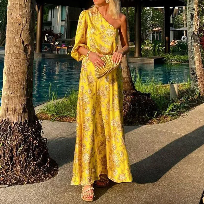 

2023 элегантное богемное платье с диагональным воротником и принтом, женское Модное Длинное платье с открытыми плечами, повседневное женское праздничное платье Макси