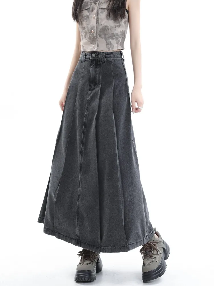 Guuzyuviz Black Grey Denim Long Skirts For Women High Waist A Line Jean