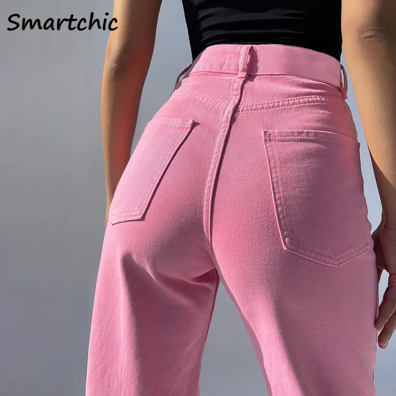 

Women Fashion YK2 Pockets Straight Wide Leg Button Pants Loose Denim Trousers Spring Summer Pink High Waist Street Ripped Jeans