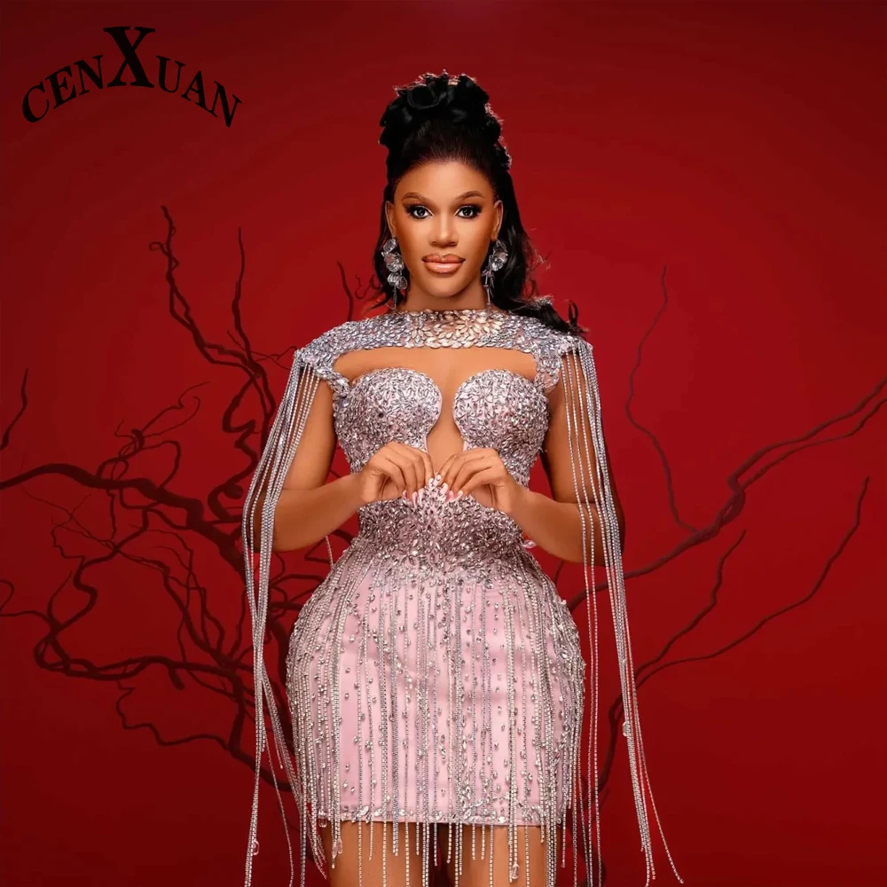 CENXUAN Luxurious Tassel Cocktail Dresses Rhinestones Cut-out Mini Evening Gowns Vestido De Noche Birthday Dresses Customized - Image 2