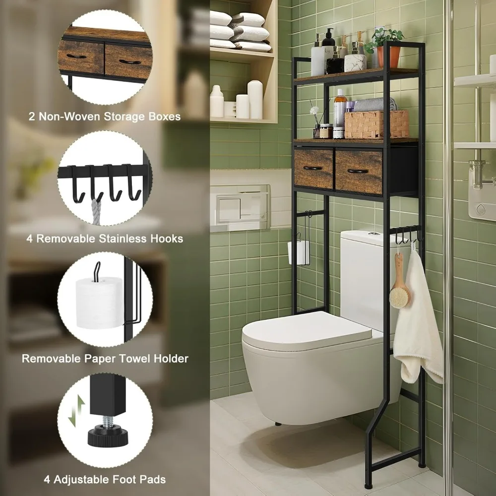 Over The Toilet Storage Cabinet with Fabric Drawers Bathroom Storage Over Toilet Fit Most Toilets, Rustic Brown 4