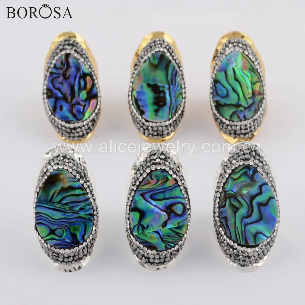 

BOROSA 5PCS New Arrival Teardrop Golden/Silver Plated Rhinestone Pave Natural Abalone Shell Bang Ring Jewelry for Women Gifts