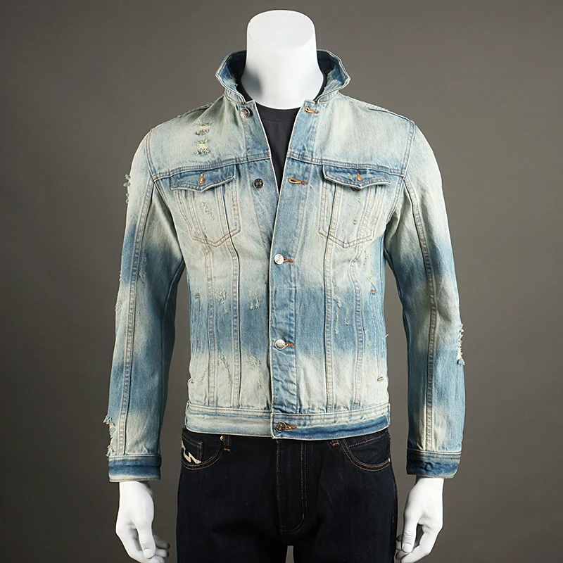 Fashion Designer Men Jacket High Quality Retro Washed Blue Casual Denim Jacket Men Ripped Coat Patched Vintage Chaquetas Hombre
