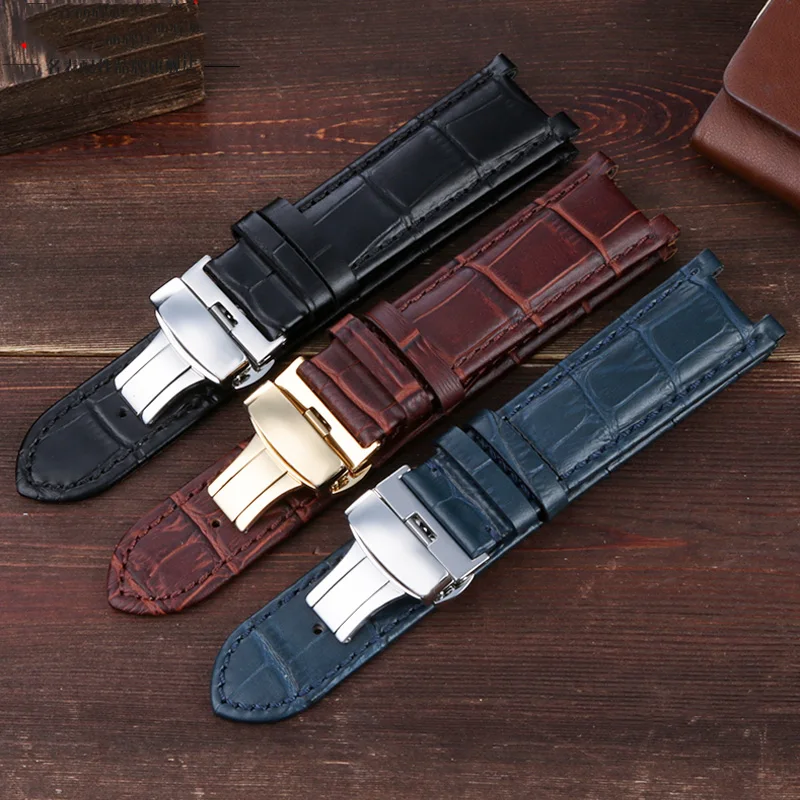 Genuine Leather Watchband with Stainless Steel Butterfly Buckle
