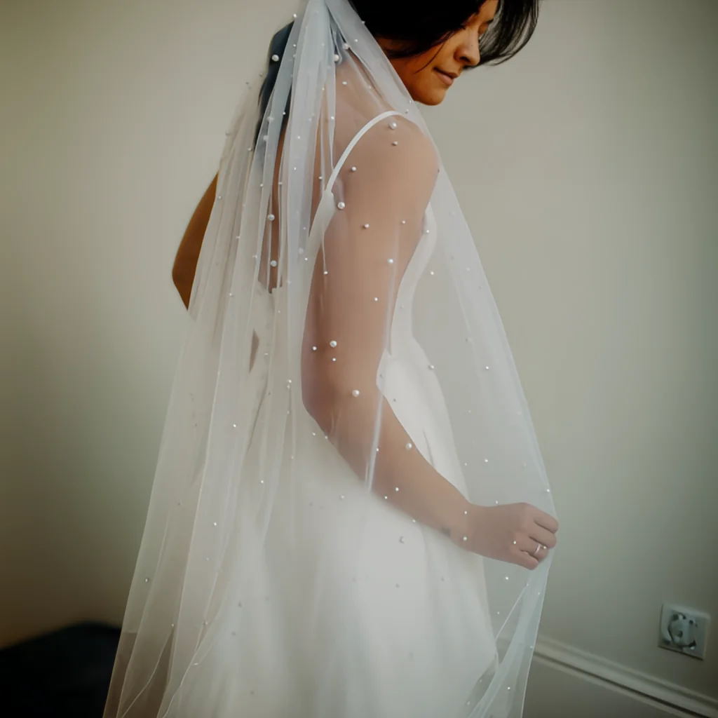 

V176 Pearls and Soft Bridal Veil: 1-Tier Beaded Wedding Veil Elegant Wedding Accessory 3M Cathedral Length Veil for Brides