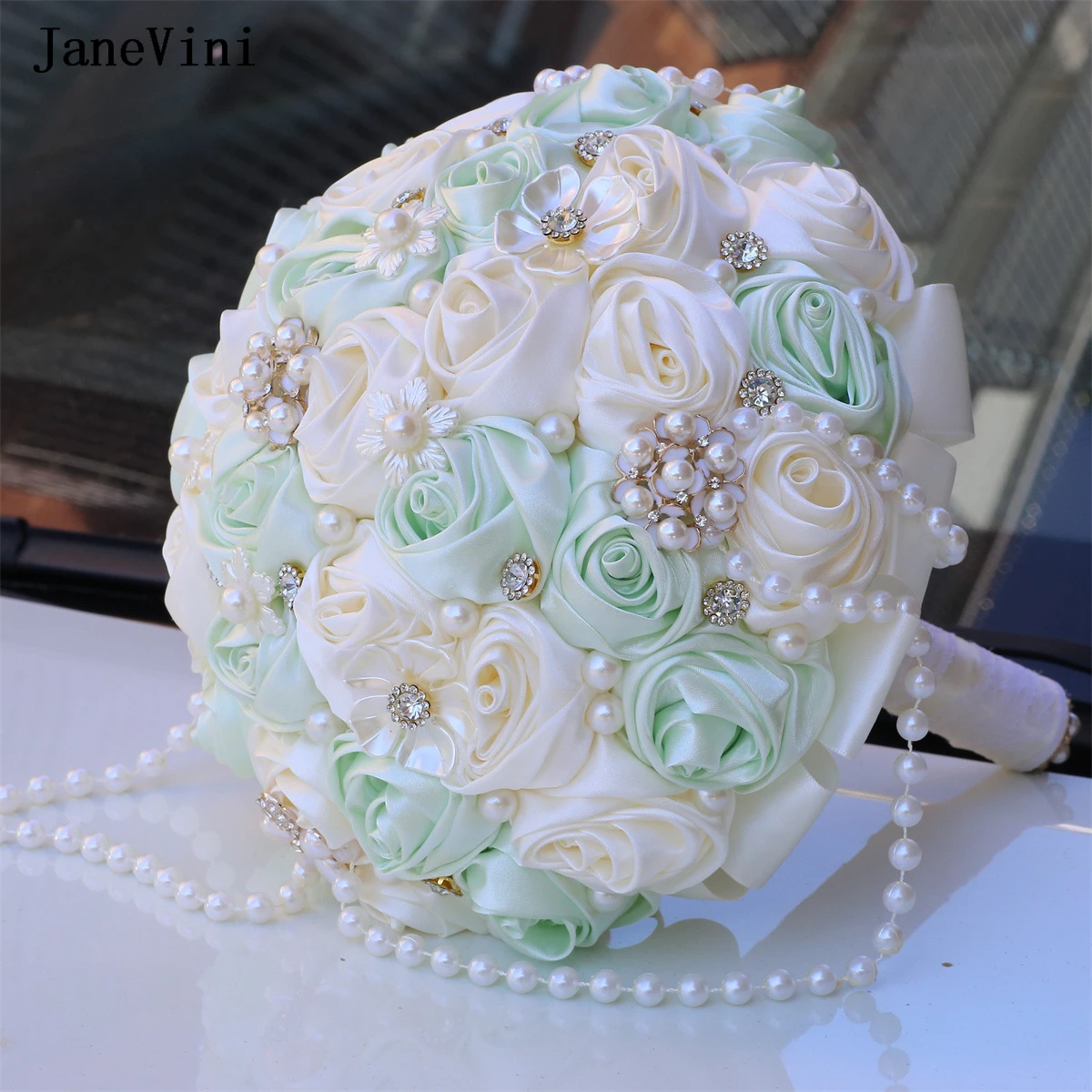 JaneVini Light Green Bride Flowers Luxury Crystal Bridal Bouquets Artificial Satin Roses Pearls Wedding Fake Bouquet