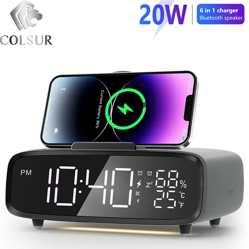 

Bluetooth Speaker Wireless Charging Dual Alarm Clock Bedroom Temperature Display 3-level Brightness Digital Clock Night Light