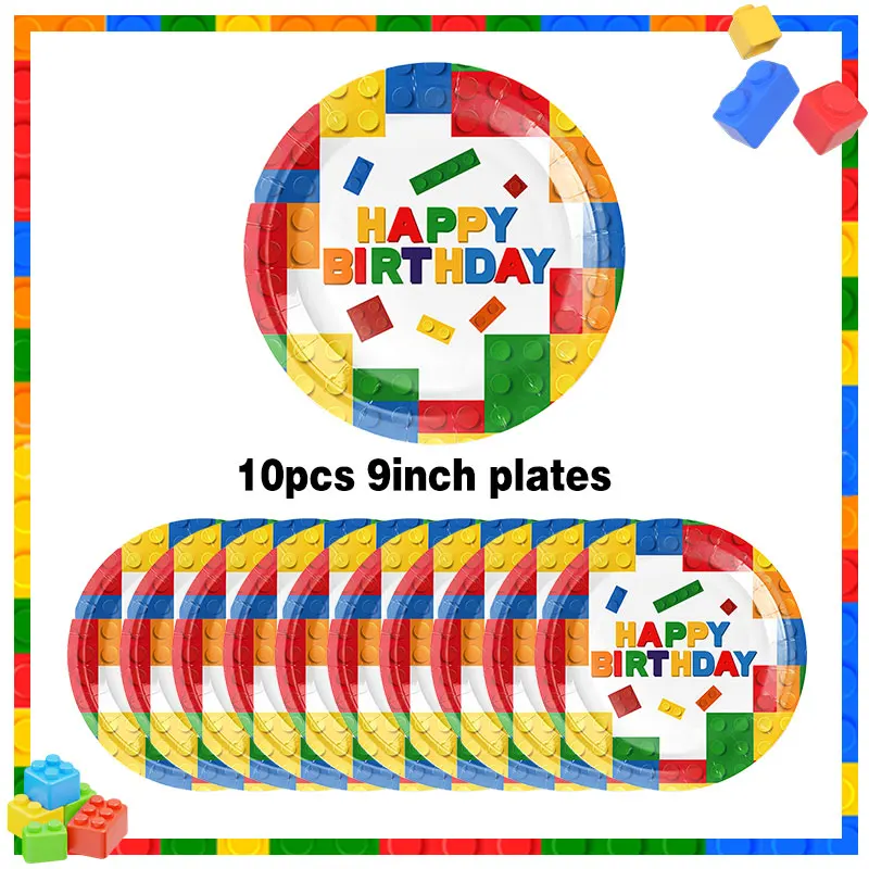Bausteine Geburtstagsdekoration Party Jungen Einweggeschirr Pappbecher Teller Banner Ballon für Kindergeburtstag Zubehör – Detail 7