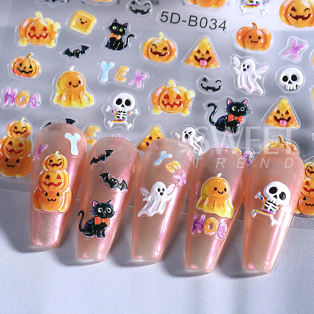 1/3pcs 5D Embossed Halloween Nail Stickers Cute Skull Pumpkin Ghost Spider Nail Silder Decals Nail Supplies Manicure Decoration
