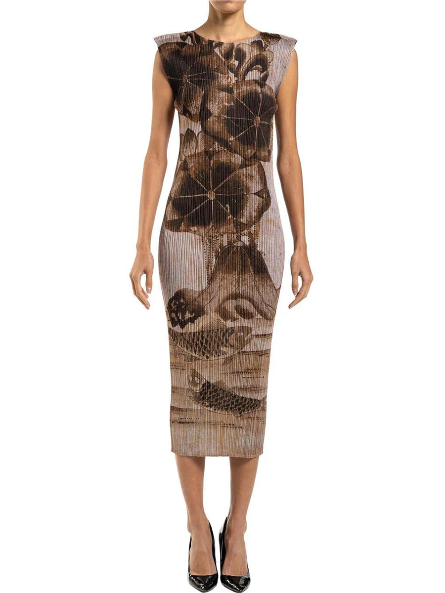 

Miyake Pleated Designer Vintage Printed Sleeveless Dress Women Summer New June Fashion Ladies Elegant Long Plus Size Dresses