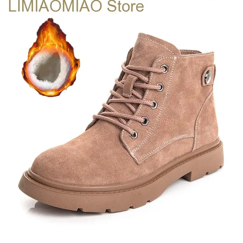 New Genuine Leather Women Autumn  Boots Cow Suede Winter Retro Ankle Boots Motorcycle Ladies British Style Booties