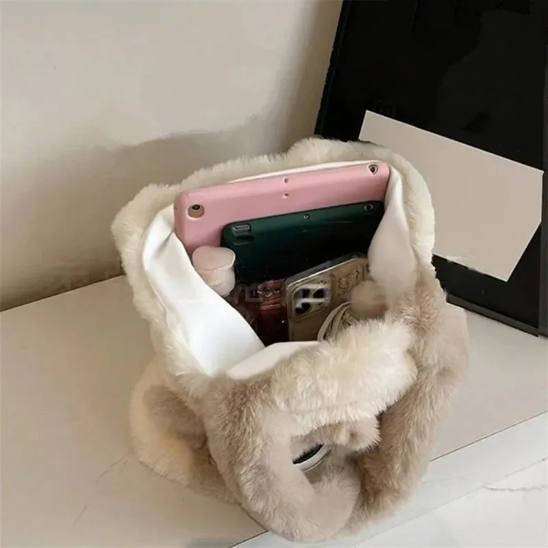 Cute Cartoon Women's Bag Color Contrast Embroidery Cat Pattern Tote Bag Commuter Rabbit Hair Plush Handbag Women's Shoulder Bag