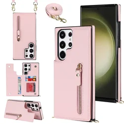 Crossbody Zipper Wallet with Card Holder Phone Case in Leather - Galaxy S22 Plus (Pink)