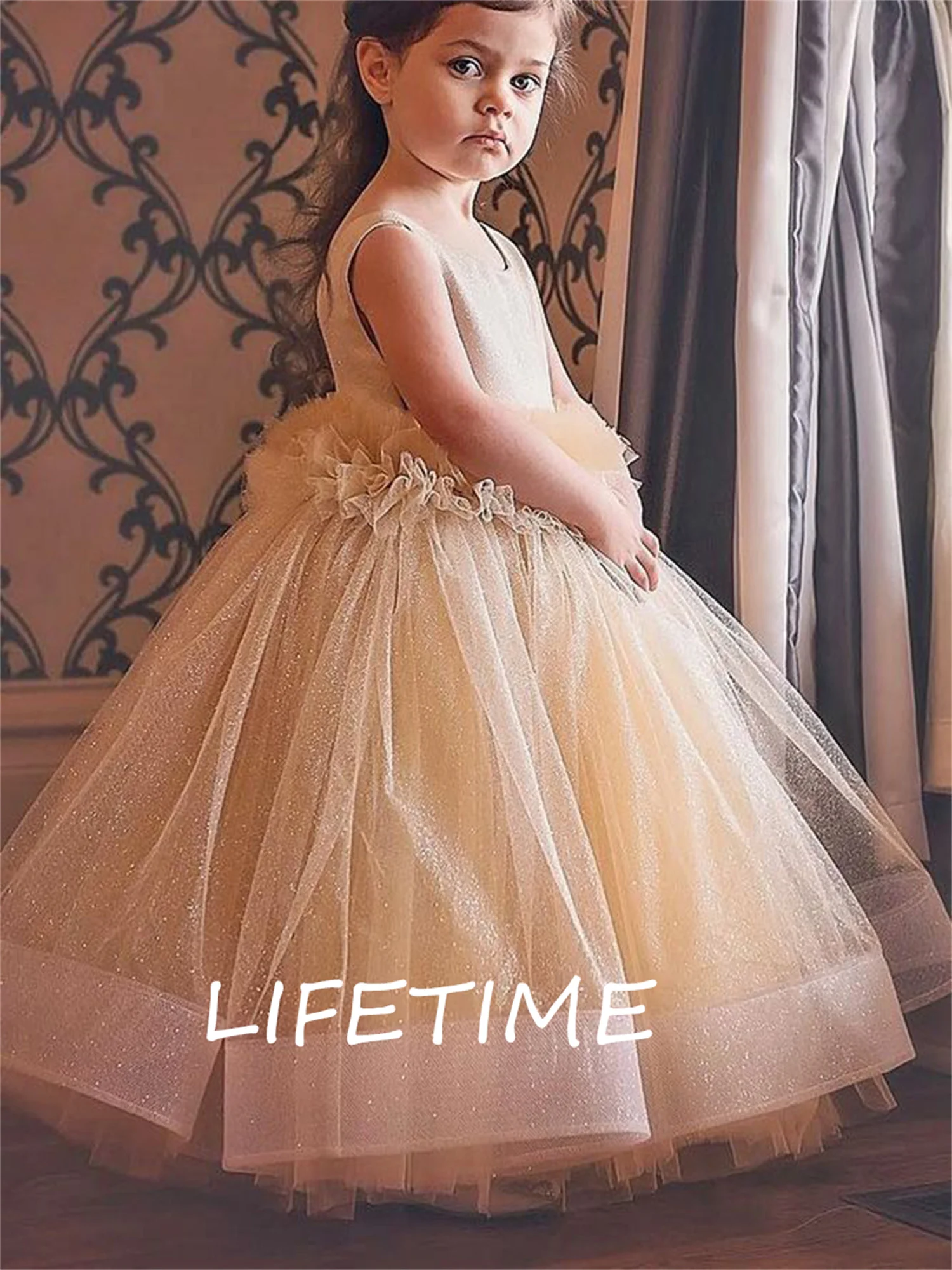 

Beach Flower Girl Dress A-Line Kids Princess Sleeveless Simulation Flowers Floor Length Wedding Shiny Tulle Prom Dresses 2022