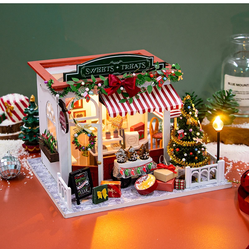 DIY Wooden Doll Houses Christmas Dessert Shop Casa Miniature Model Kit Villa Dollhouse with Furniture Led Light for Friends Gift 3