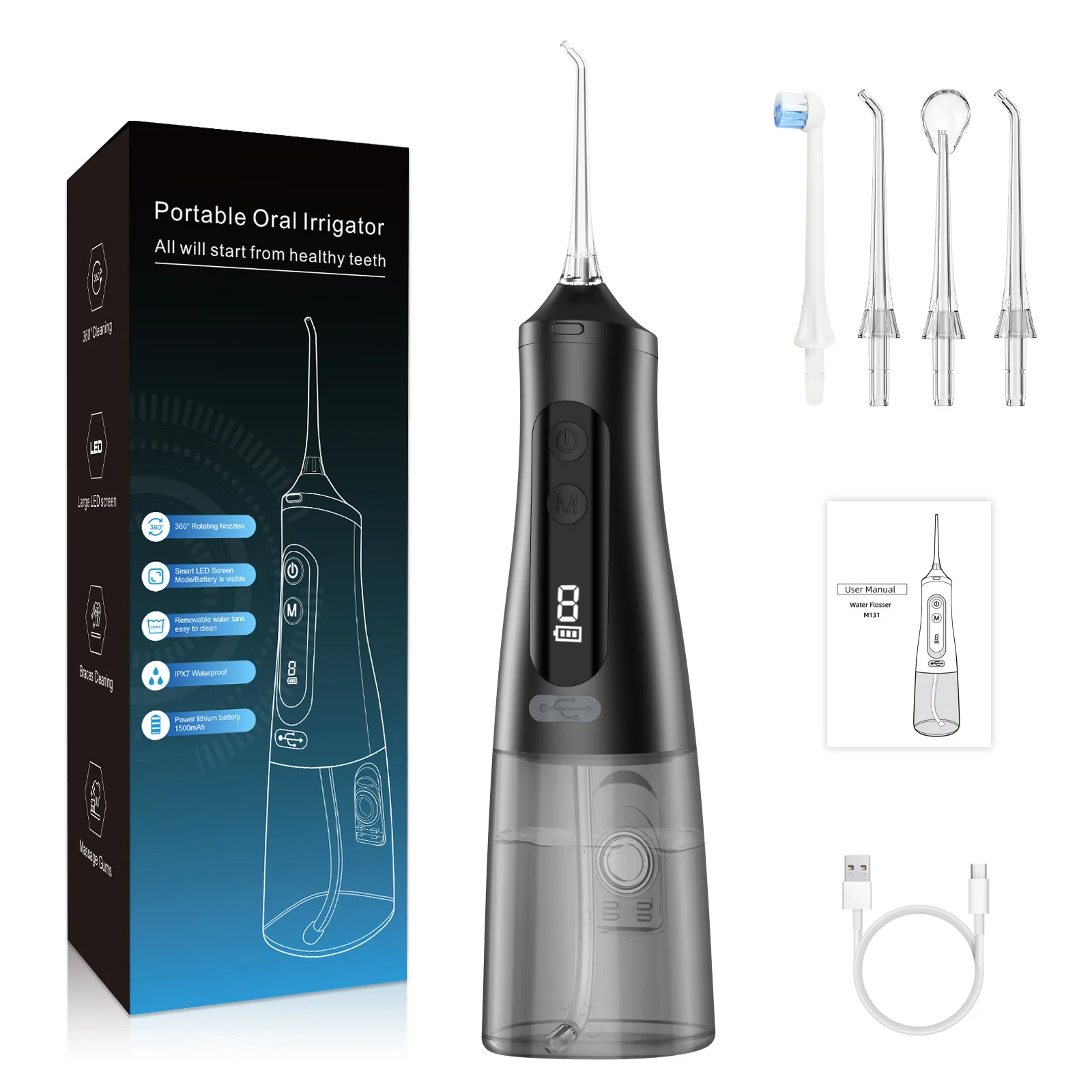 

9Mode Portable Oral Irrigator Smart Display Dental Water Flosser Rechargeable Water Jet Floss Tooth Pick 350ML Teeth CleanerIPX7