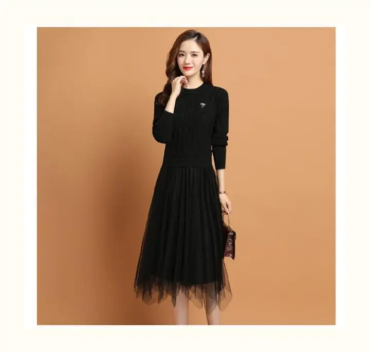 Lace long over-knee knit sweater dress