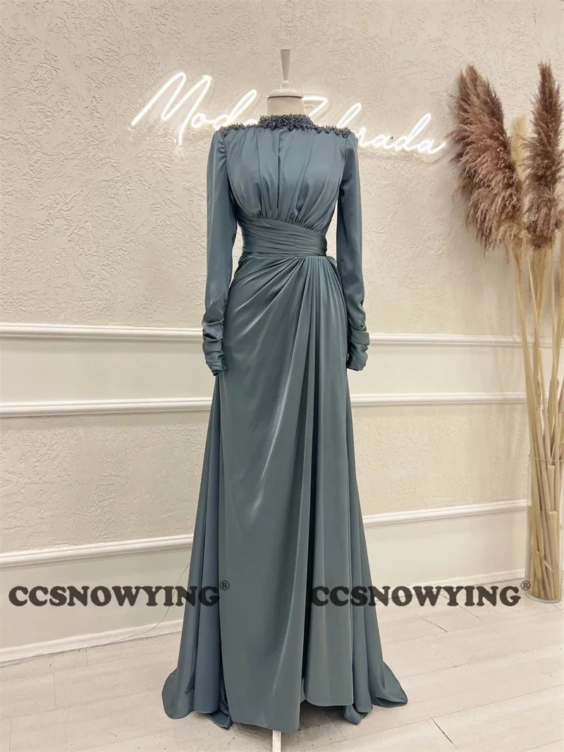 

Full Sleeve High Neck Muslim Evening Dresses Islamic Hijab Prom Formal Party Gowns Satin Beaded Arabic Kafan Robes De Soirée