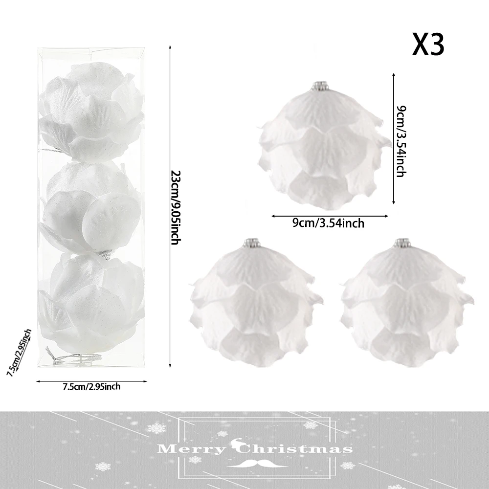 thumbnail image 1 of 3 piezas/caja de 8 cm, adornos para árbol de Navidad, bolas blancas con forma de pétalo, bolas de nieve de espuma, colgantes para Navidad, decoración para fiesta de Año Nuevo, Navidad, 1 of 5