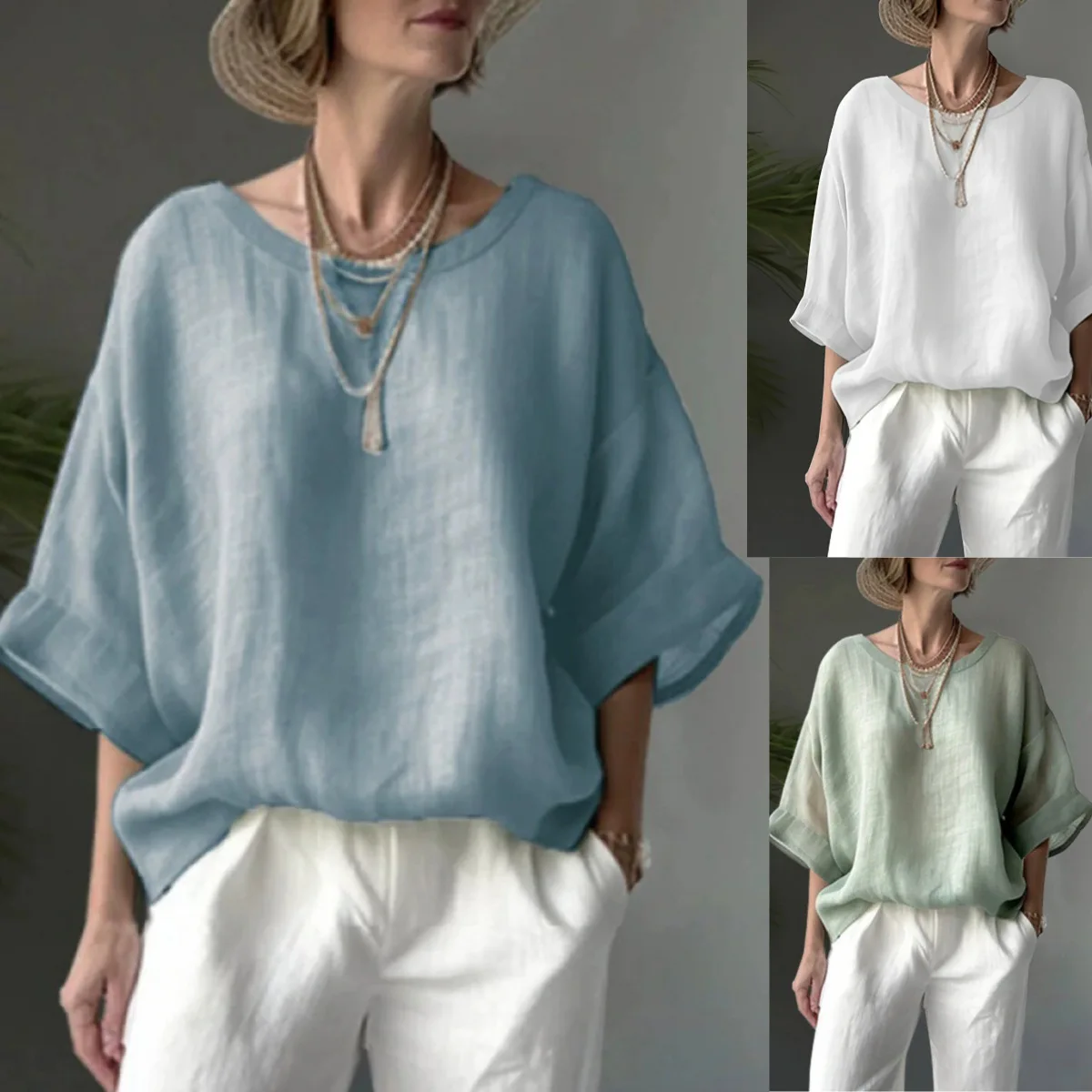 Women Solid Color Loose Fit Half Sleeve Blouse Top
