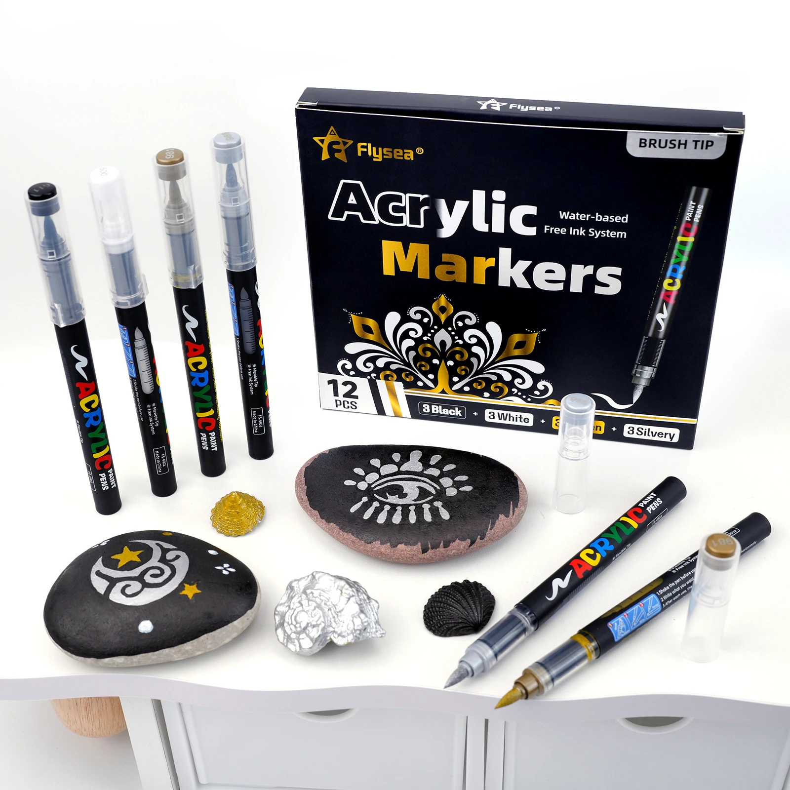 12 Stück Farbstifte Acrylmarker - Schwarz, Weiß, Gold, Silber, Weiche Pinselspitze Wasserbasierte Markerstifte für Steinmalerei, Holz – Detail 8