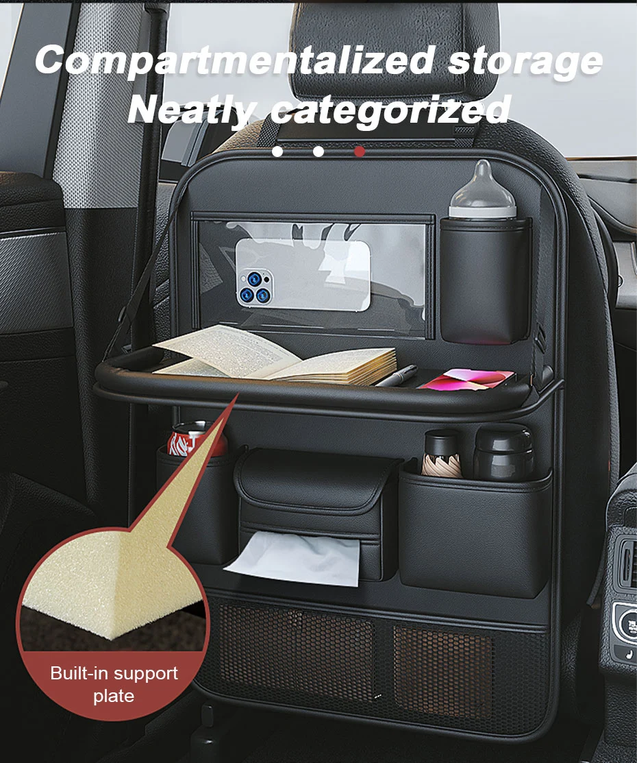 Premium PU Leather Car Seat Back Storage Bag with Tray