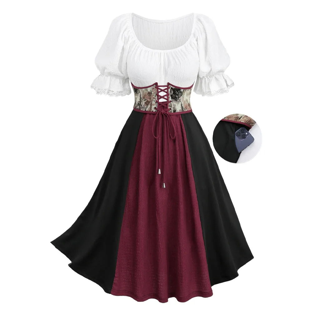 ROSEGAL Plus Size Maxi Dresses For Women's Lace-Up Grommets Corset Ruffles Patchwork Short Sleeves Dress Vestidos