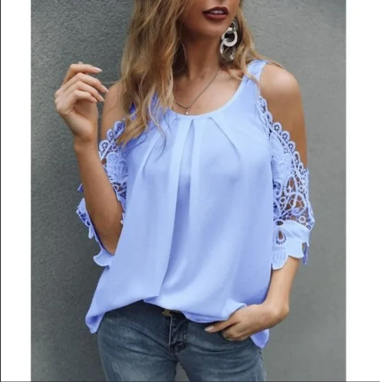 Chic Solid Hollow-out V Neck Lace Blouse Floral Patterns Embroidery Decoration Casual Women Shirt Puff Sleeved Half Cotton Tops wjj121-Blue