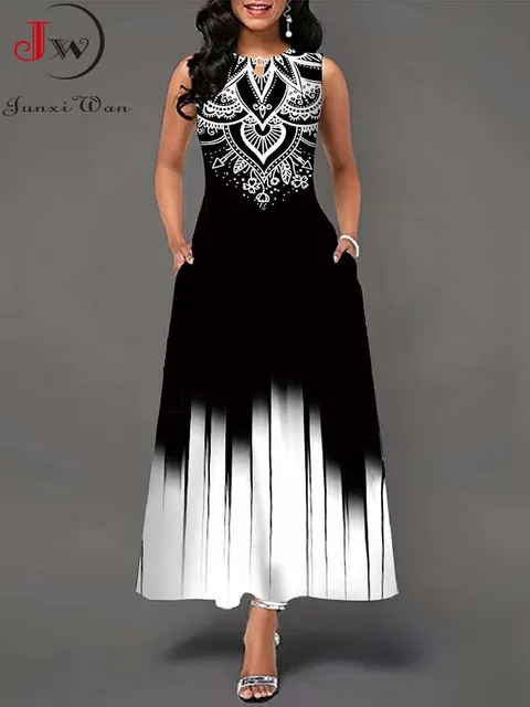 Summer Boho Long Dresses Women Elegant Sleeveless Casual Floral Print Beach Party Maxi Dress 1