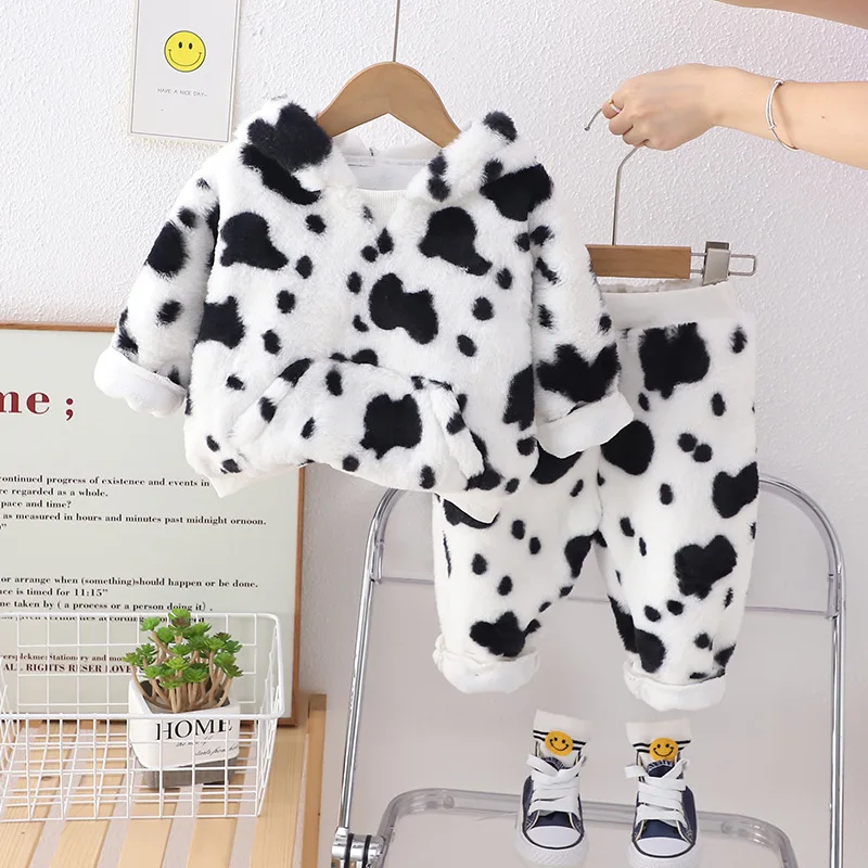 

Winter Hooded Children Cotton Set Warm Long Sleeve Pullover+Fleece Pants 2PCS 2023 Baby Casual Cow Print Thick Fluffy Clothes
