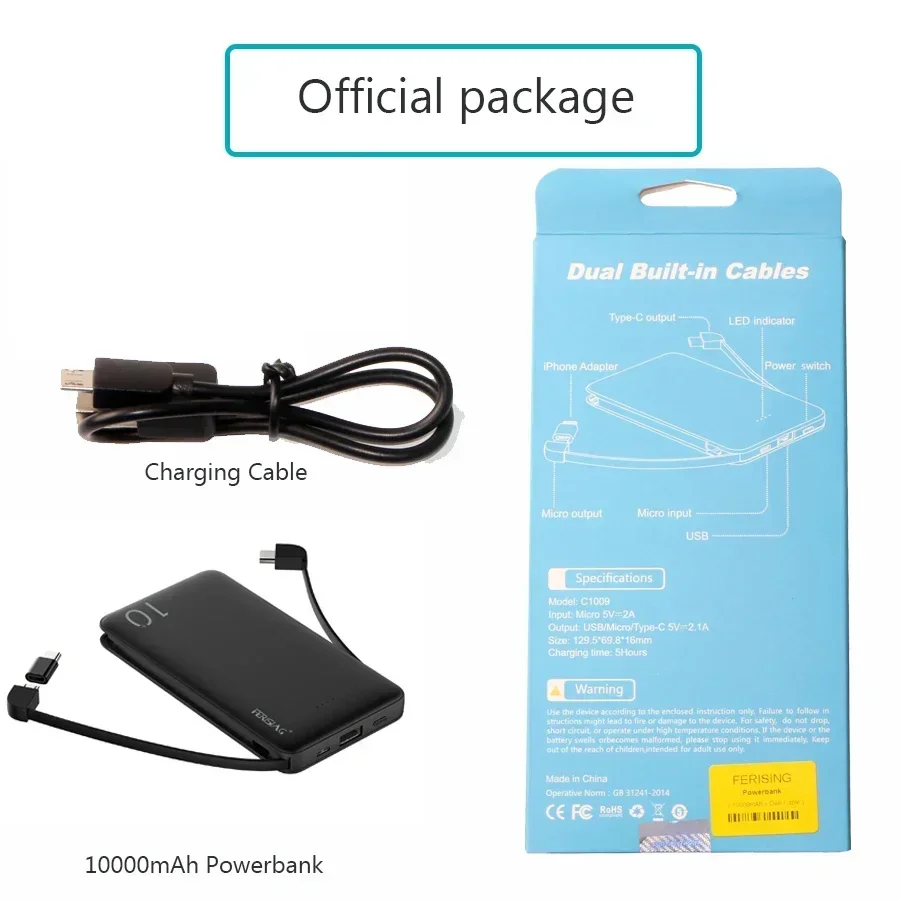 FERISING 3IN1 10000mAh Power Bank Slim USB Powerbank Portable External Battery Charger Pack For iPhone Xiaomi realme PoverBank 5