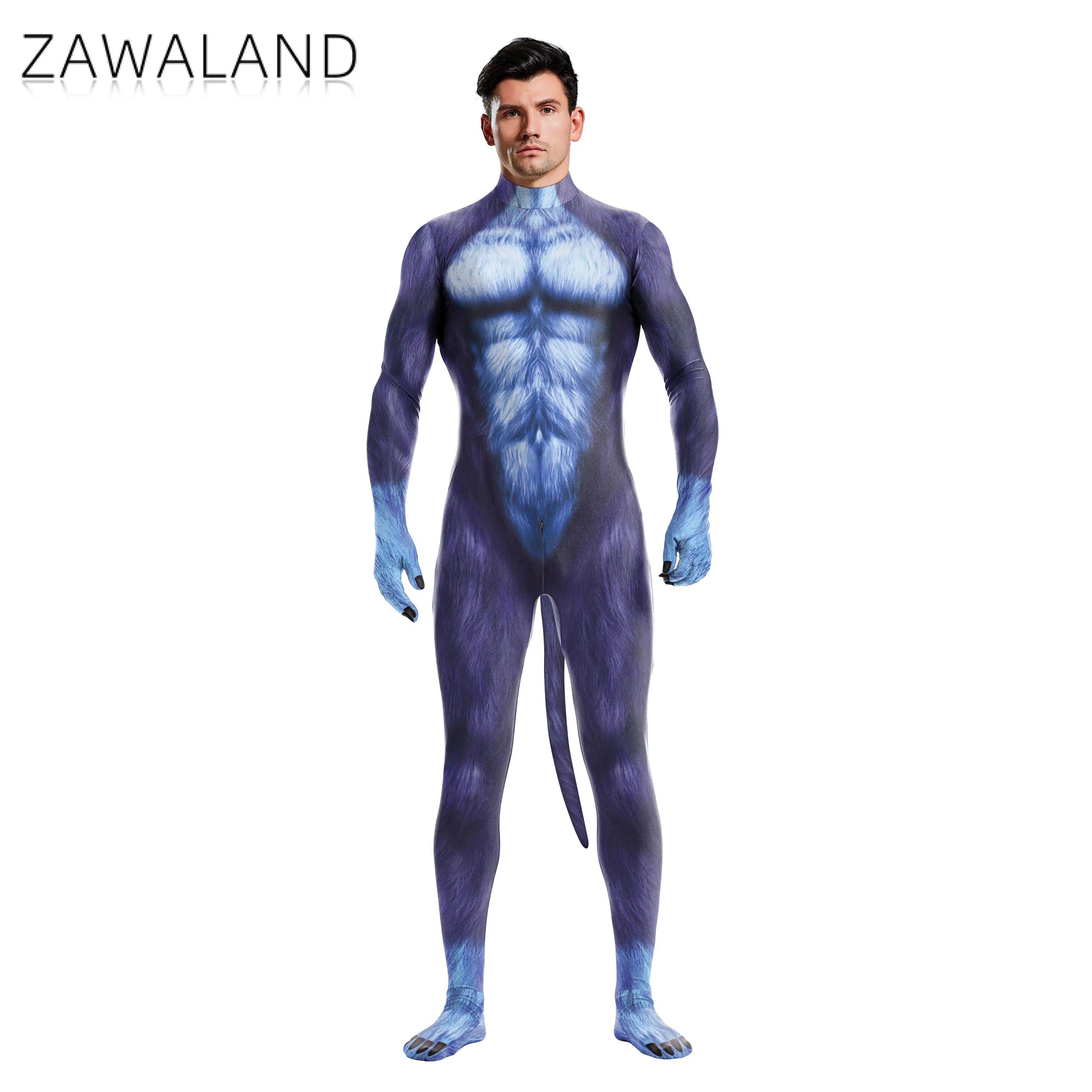 Zawaland Dog Blue Petsuit Puppy Cosplay Costume Men Holiday Party Clothes Full Cover Crotch Zipper Jumpsuit Carnival Zentai Suit