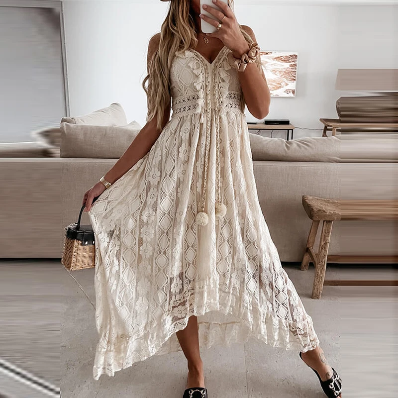 

2023 Off Shoulder Lace Patchwork Elegant Dress Women Summer V Neck Spaghetti Strap Dress Female New Fashion Solid Party Dresses