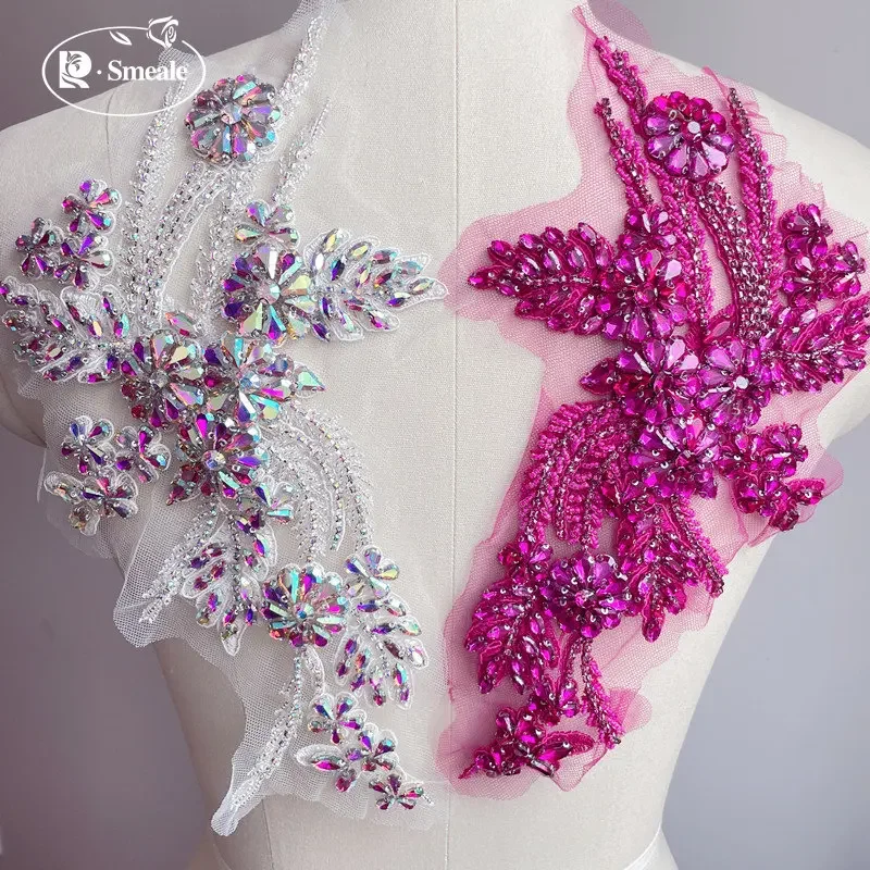 Mehrfarbiger handgenähter Glasbohrer, Spiegelblumen, funkelnde Strassblumen, Mäntel, Bündchen, Schultern, Hochzeitskleid, DIY-Patch