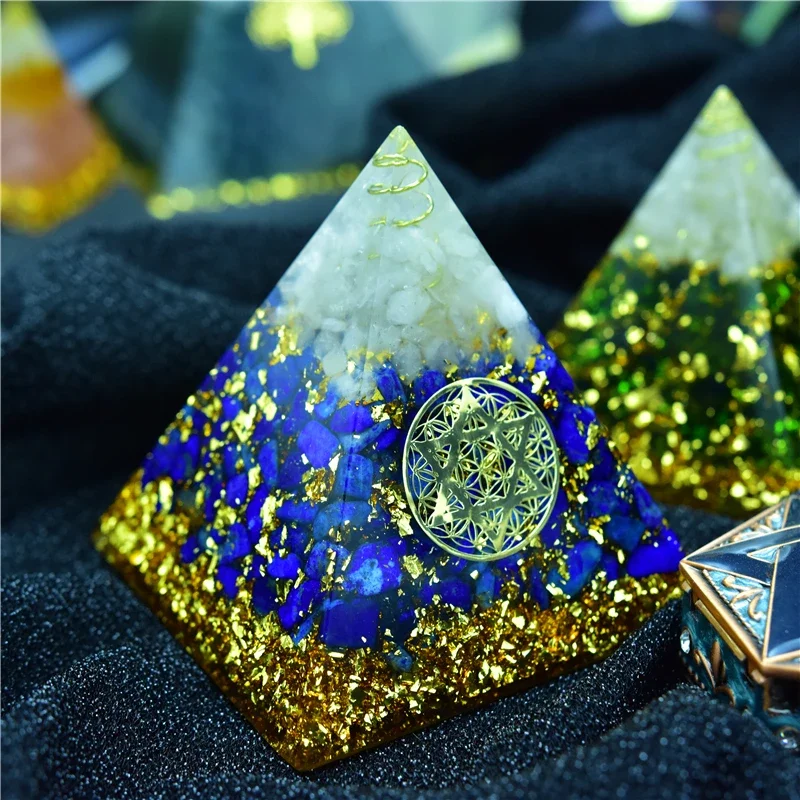 Orgonite Pyramid Sahasrara Chakra Aura White Crystal Lapis Resin Crafts Yoga Healing Orgon Pyramid Jewelry Home Decor Ornament