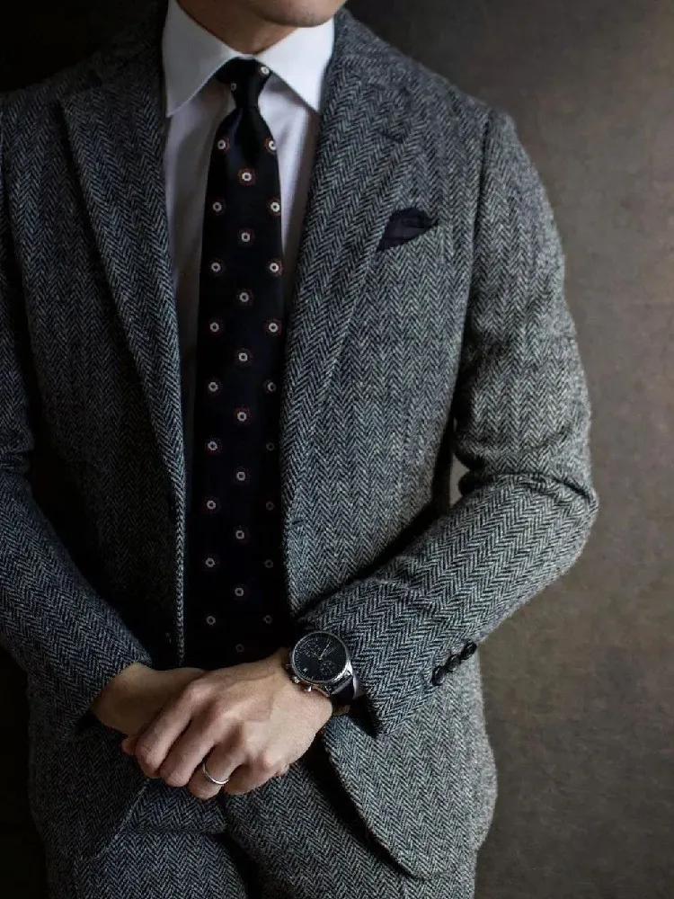 Herringbone Men Suit Tailor-Made 2 Pieces Blazer Pants One Button Business Gray Wedding Groom Prom Slim Fit Plus Size Tailored
