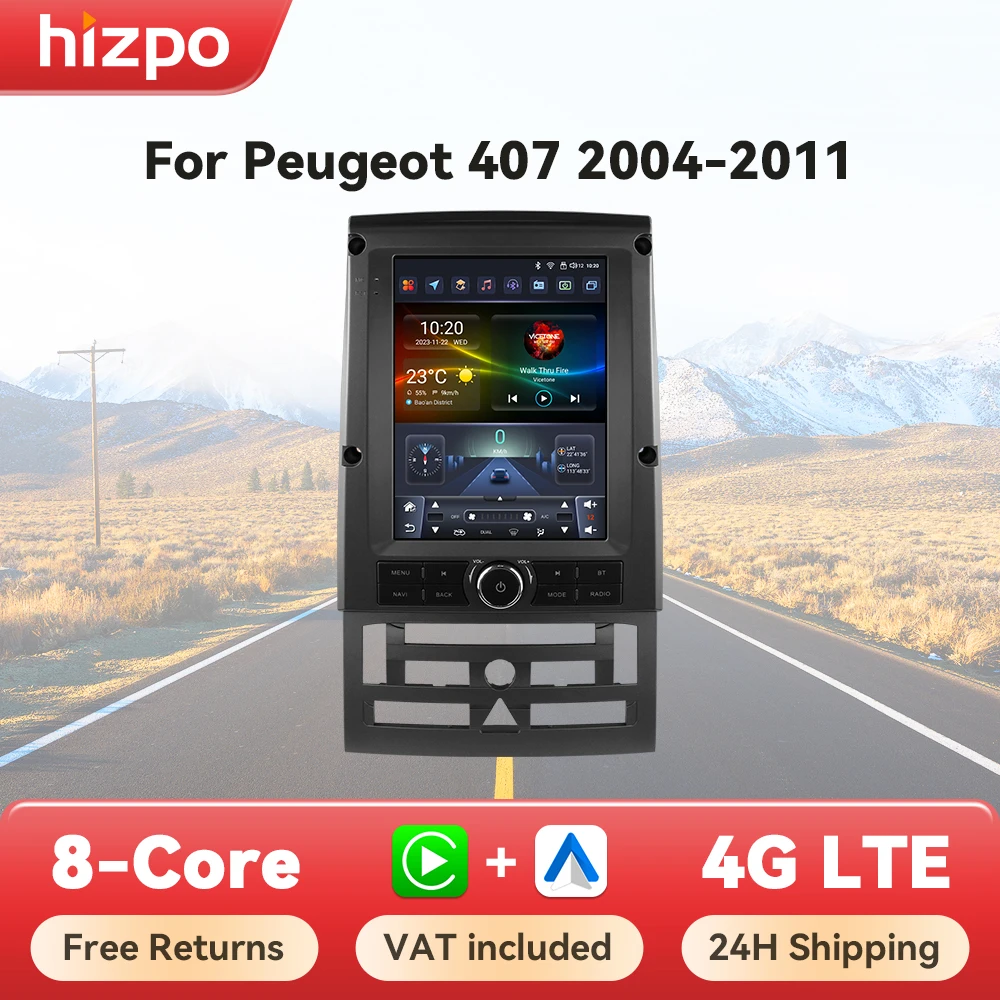 Hizpo 9,7' Tesla-Style Autoradio für Peugeot 407 2004 - 2011, Kabelloses CarPlay, Android Auto, Kein 2 Din, 2din DVD, 360 CAM, 8-Kern