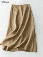 ZANZEA  Elegant Cotton Midi Skirts Casual Button Up A-line Skirt Women High Waist Jupe 2024 Summer Solid Temperament Falda Mujer - Image 2