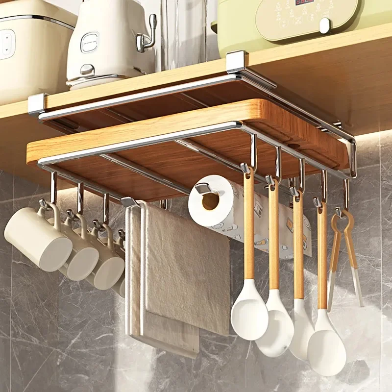Installation-free Kitchen Cabinet Under Shelf No-Punch Large Capacity Storage Board Pot Cover Holder Towel Tissue Storage Rack