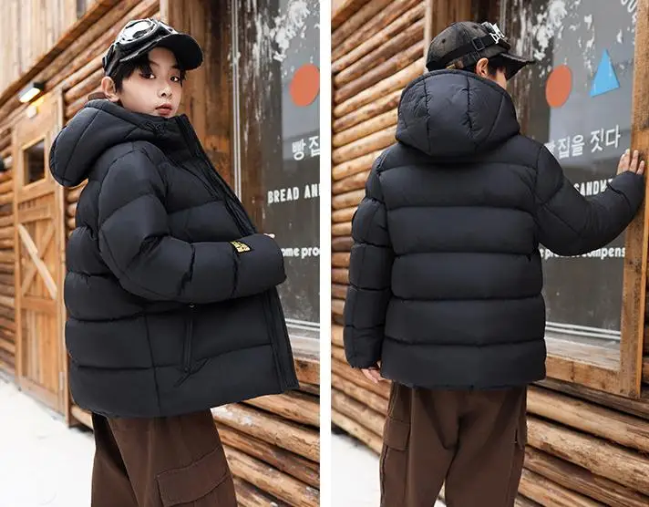 어린이 방풍 패딩 아우터 크리스마스 의류 6-17세 청소년 남아 여아 블랙 레드 겨울 두꺼운 따뜻한 면 다운 코트