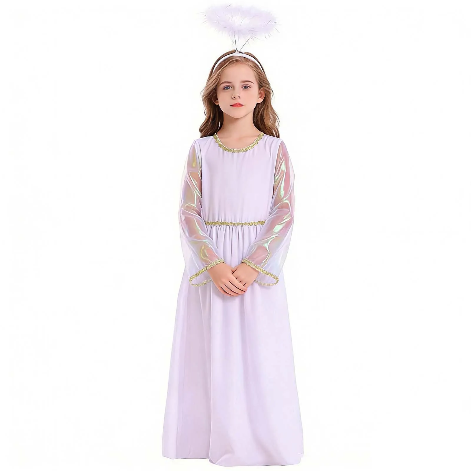 Girls Greek Angel Cosplay Outfit Sets Halloween Costume Iridescence Tulle Long Sleeve Ruffled Dress with Angel Hair Hoop Ears